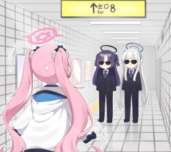 Rule 34 | 3girls, absurdres, black footwear, black pants, blue archive, blue necktie, closed mouth, collared shirt, formal, grey hair, halo, highres, jacket, koyuki (blue archive), long hair, long sleeves, mechanical halo, multiple girls, necktie, noa (blue archive), pants, pink hair, pink halo, purple hair, shirt, shoes, smile, soo ou, standing, suit, sunglasses, the exit 8, twintails, two side up, white jacket, white shirt, yuuka (blue archive)