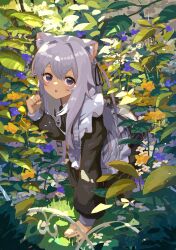 Rule 34 | 1girl, :o, animal ears, apron, black dress, clenched hand, crawling, dress, flower, grey hair, hand up, highres, kgt (pixiv12957613), light blush, maid, maid apron, open mouth, original, plant, purple eyes, solo, white apron