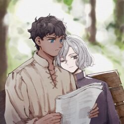Rule 34 | 2boys, black eyes, black hair, blue eyes, commentary, curly hair, dark-skinned male, dark skin, dungeon meshi, elf, english commentary, grey hair, head on another&#039;s shoulder, high collar, highres, holding, holding newspaper, kabru, lazy eye, leaning on person, long sleeves, male focus, mithrun, multiple boys, newspaper, notched ear, on bench, pointy ears, shirt, short hair, side-by-side, sitting, tryton0104, uneven eyes, wavy hair, yaoi