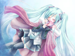 Rule 34 | bad id, bad pixiv id, blue hair, cape, detached sleeves, closed eyes, hatsune miku, headset, ichika asatsuki, long hair, necktie, skirt, solo, thighhighs, twintails, very long hair, vocaloid