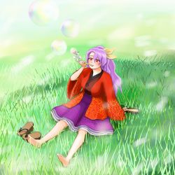 Rule 34 | barefoot, bubble, blowing bubbles, field, highres, komakusa sannyo, smoking pipe, pipe in mouth, purple hair, shoes, unworn shoes, touhou, unconnected marketeers