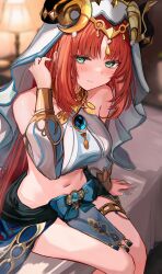 Rule 34 | 1girl, absurdres, armlet, bare shoulders, blue skirt, blush, bracer, breasts, brooch, closed mouth, detached sleeves, efuri (riarea00), fake horns, genshin impact, green eyes, hair ornament, harem outfit, highres, horns, jewelry, large breasts, long hair, long sleeves, looking at viewer, low twintails, neck ring, nilou (genshin impact), puffy long sleeves, puffy sleeves, red hair, revision, sash, sidelocks, sitting, skirt, solo, sweat, thighlet, thighs, twintails, veil