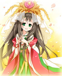 Rule 34 | 1girl, :d, beads, brown hair, green eyes, hair ornament, japanese clothes, kimono, kushinada (p&amp;d), long hair, open mouth, petals, puzzle &amp; dragons, reina (black spider), smile, solo, steepled fingers
