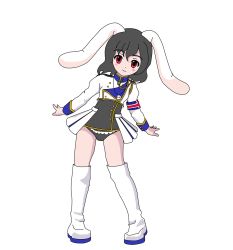 Rule 34 | 07th expansion, 1girl, animal ears, black hair, boots, chiester410, chiester410 (cosplay), chiester sisters, cosplay, drawfag, female focus, highres, inaba tewi, no naku koro ni (series), rabbit ears, rabbit tail, red eyes, short hair, simple background, smile, solo, tail, team shanghai alice, thigh boots, thighhighs, touhou, umineko no naku koro ni, unknownartist111111, white background