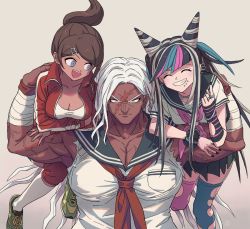 Rule 34 | 3girls, :d, arms up, asahina aoi, asymmetrical legwear, bandages, black hair, black nails, black skirt, blue eyes, blue hair, blue thighhighs, breast pocket, breasts, brown hair, cleavage, closed eyes, collarbone, commentary request, danganronpa: trigger happy havoc, danganronpa (series), danganronpa 2: goodbye despair, ear piercing, facing viewer, grin, hair horns, hair ornament, hairclip, hand up, holding person, hosodayo, jacket, jewelry, long hair, looking at another, looking at viewer, mioda ibuki, mismatched legwear, multicolored hair, multiple girls, muscular, muscular female, nail polish, neckerchief, necklace, on shoulder, ogami sakura, open mouth, piercing, pink hair, pocket, red jacket, scar, scar on face, school uniform, serafuku, shirt, skirt, smile, stitches, tattoo, teeth, thighhighs, torn clothes, torn legwear, upper teeth only, white hair, white shirt