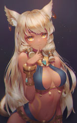 Rule 34 | 1girl, animal ear fluff, animal ears, artist name, bare shoulders, blonde hair, bracer, breasts, cat ears, cat girl, cat tail, cleavage, closed mouth, dark-skinned female, dark skin, dated, earrings, facial mark, finger to mouth, gem, hair ornament, holz, jewelry, lips, long hair, looking at viewer, medium breasts, navel, original, smile, solo, tail, tattoo, yellow eyes