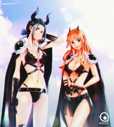 Rule 34 | 2girls, aoitorix, beast pirates uniform, black hair, breasts, cape, cleavage, gloves, green eyes, highres, horns, large breasts, medium breasts, multiple girls, nami (one piece), navel, nico robin, one piece, open mouth, orange hair, shiny skin, sky, smile, yellow eyes