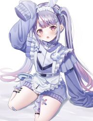 Rule 34 | 1girl, :o, animal ears, apron, bandaid, bandaid on leg, blue bow, blunt bangs, blush, bow, fake animal ears, frilled apron, frills, gradient hair, grey hair, grey sweater, hair bow, hair ornament, heart, heart hair ornament, highres, jersey maid, leg warmers, long hair, long sleeves, looking at viewer, maid, maid headdress, multicolored hair, official alternate costume, open mouth, oversized clothes, pink hair, pome charo, rabbit ears, red eyes, shoes, short eyebrows, sitting, sleeves past fingers, sleeves past wrists, sneakers, solo, streaked hair, sweater, thighs, tosaki mimi, turtleneck, twintails, unconventional maid, very long hair, virtual youtuber, vspo!, waist apron, zipper, zipper pull tab