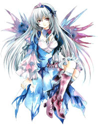 Rule 34 | 00s, 1girl, doll joints, dress, female focus, flower, fragran0live, frills, full body, hairband, highres, joints, long hair, painting (medium), purple eyes, rozen maiden, silver hair, solo, suigintou, traditional media, watercolor (medium), white background, wings