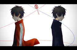 Rule 34 | 2boys, artist name, commentary, dual persona, highres, jacket, kagerou project, kisaragi shintarou, letterboxed, loss time memory (vocaloid), male focus, mazumaro, multiple boys, profile, red eyes, red jacket, scissors, simple background, track jacket, vocaloid