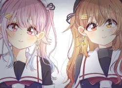 Rule 34 | 2girls, black serafuku, brown eyes, commentary request, earrings, hair ornament, hairclip, harusame (kancolle), heterochromia, jewelry, kantai collection, light brown hair, long hair, looking at viewer, multiple girls, murasame (kancolle), murasame kai ni (kancolle), neckerchief, pink hair, red eyes, red neckerchief, ren kun, sailor collar, school uniform, serafuku, side ponytail, two side up, upper body, white headwear, white sailor collar
