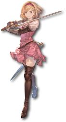 Rule 34 | 1girl, belt, blonde hair, boots, brown eyes, brown footwear, closed mouth, djeeta (granblue fantasy), dress, full body, gauntlets, granblue fantasy, granblue fantasy versus, hairband, highres, holding, holding sword, holding weapon, looking at viewer, minaba hideo, official art, pink dress, puffy sleeves, sheath, short dress, short hair, simple background, smile, solo, standing, sword, thigh boots, thighhighs, weapon, white background, zettai ryouiki