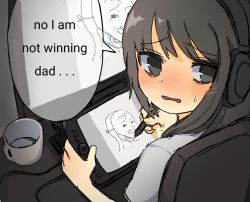 Rule 34 | are you winning son? (meme), blush, coffee cup, cup, disposable cup, drawing tablet, english text, grey eyes, grey hair, highres, long hair, looking back, meme, monitor, no pupils, original, parted lips, shirt, short sleeves, snale, speech bubble, stylus, sweat, t-shirt, wavy mouth, white shirt, wojak
