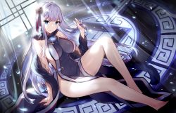 Rule 34 | 1girl, alexandra (suzuame yatsumi), alexandra viktorovna dashkova (tukikagerou), arm support, bare shoulders, blue eyes, breasts, commission, commissioner upload, covered navel, dress, flower, fur collar, hair flower, hair ornament, holding, holding own hair, large breasts, light purple hair, long hair, looking at viewer, original, pelvic curtain, purple dress, shawl, sidelocks, sleeveless, sleeveless dress, smile, solo, sora 72-iro, thighs