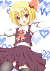 Rule 34 | 1girl, ascot, black skirt, blonde hair, blush, fang, hair ribbon, heart, heart background, highres, long sleeves, looking at viewer, open mouth, outstretched arms, pleated skirt, red eyes, ribbon, rumia, shirt, short hair, skirt, solo, tad s, thighhighs, touhou, vest, white shirt