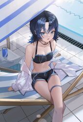 Rule 34 | 1girl, absurdres, anizi, bikini, bikini shorts, blue bikini, blue eyes, blue hair, blue swim trunks, breasts, can, commentary request, cooler, crossed legs, day, deck chair, drink can, feet out of frame, hair ornament, hairclip, halterneck, highres, hiodoshi ao, hololive, hololive dev is, jewelry, looking at viewer, male swimwear, medium hair, mole, mole under mouth, necklace, off shoulder, open clothes, open mouth, open shirt, outdoors, pool, poolside, shirt, shorts, sitting, sleeves past wrists, small breasts, solo, swimsuit, thigh strap, tile floor, tiles, virtual youtuber, white shirt, zipper