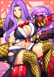 Rule 34 | 1girl, blush, breasts, cleavage, fate/grand order, fate (series), gift, gorgon (fate), huge breasts, long hair, medusa (fate), medusa (rider) (fate), midriff, navel, purple eyes, purple hair, ribbon, rider, scales, sitting, skirt, smile, snake, tail, very long hair