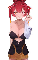 Rule 34 | 1girl, @ @, alternate costume, bare shoulders, black dress, blush, breasts, cleavage, cosplay, detached sleeves, dress, hair ribbon, heterochromia, hololive, hololive english, houshou marine, large breasts, long hair, looking at viewer, malvar, ninomae ina&#039;nis, ninomae ina&#039;nis (1st costume), ninomae ina&#039;nis (cosplay), open mouth, red eyes, red hair, red ribbon, ribbon, single sleeve, skirt, smile, solo, strapless, strapless dress, tube dress, twintails, virtual youtuber, white background, yellow eyes, yellow skirt