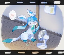 animal_focus animal_hands blue_fur blush calendar_(object) closed_eyes creatures_(company) food full_body game_freak gen_4_pokemon glaceon highres nintendo no_humans pokemon pokemon_(creature) popsicle sb_tt471 sidelocks sitting solo twitter_username