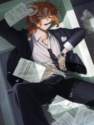 Rule 34 | 1boy, absurdres, arm up, bathtub, black jacket, black necktie, black pants, breast pocket, buttons, collarbone, collared shirt, dress shirt, ear piercing, earrings, ensemble stars!, formal, green eyes, highres, holding, indoors, jacket, jewelry, long sleeves, looking at viewer, loose necktie, low ponytail, lying, male focus, medium hair, mouth hold, necktie, on back, open clothes, open jacket, open mouth, pants, paper, parted bangs, pen, piercing, pocket, ponytail, red hair, sheet music, shirt, sidelocks, solo, suit, teeth, tiles, tsukinaga leo, tuxedo, watch, water, wet, white shirt, wing collar, wristwatch, yonmaru6