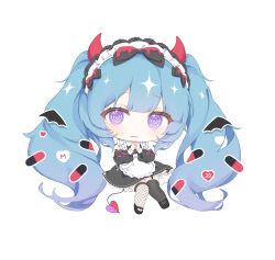 Rule 34 | 1girl, @ @, apron, asymmetrical legwear, black dress, black footwear, black thighhighs, blue hair, chibi, clothing cutout, collared dress, demon girl, demon horns, demon tail, drawing kanon, dress, fishnet thighhighs, fishnets, frilled apron, frills, garter straps, hatsune miku, highres, horns, knees together feet apart, long hair, long sleeves, looking at viewer, mismatched legwear, own hands together, parted lips, puffy long sleeves, puffy sleeves, purple eyes, shoes, shoulder cutout, simple background, solo, tail, thighhighs, twintails, very long hair, vocaloid, white apron, white background