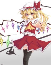 Rule 34 | &gt;:), 1girl, ascot, black thighhighs, blonde hair, blush, bow, closed mouth, cowboy shot, crystal, fang, flandre scarlet, foreshortening, frilled shirt collar, frilled skirt, frills, hat, hat bow, laevatein, looking at viewer, meuneyu, mob cap, puffy short sleeves, puffy sleeves, red bow, red shirt, red skirt, shirt, short sleeves, side ponytail, signature, skirt, skirt set, solo, thighhighs, touhou, v-shaped eyebrows, white background, wings, yellow eyes