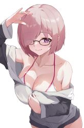Rule 34 | 1girl, absurdres, arm up, bare shoulders, bikini, bikini under clothes, bob cut, breasts, closed mouth, collarbone, fate/grand order, fate (series), glasses, hair over one eye, hasu no shiro, highres, jacket, jewelry, large breasts, mash kyrielight, off shoulder, pink hair, purple eyes, ring, short hair, simple background, smile, solo, swimsuit, track jacket, unzipping, white background, white bikini, zipper pull tab