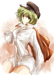 Rule 34 | 1girl, bad id, bad pixiv id, bare legs, cabbie hat, collared shirt, contemporary, green eyes, green hair, hat, jacket, looking at viewer, matching hair/eyes, naked shirt, open clothes, open shirt, over shoulder, personification, popped collar, rhapsode, shirt, short hair, soga no tojiko, solo, touhou