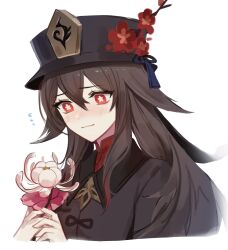 Rule 34 | 0jae, 1girl, absurdres, bad id, bad pixiv id, bright pupils, brown coat, brown hair, brown hat, closed mouth, coat, cropped torso, flower, flower-shaped pupils, flying sweatdrops, genshin impact, hair between eyes, hair flaps, hat, hat flower, hat tassel, highres, holding, holding flower, hu tao (genshin impact), light blush, long hair, mandarin collar, red eyes, simple background, sketch, solo, spider lily, symbol-shaped pupils, twintails, white background, white pupils