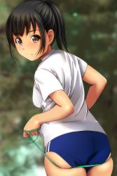 Rule 34 | 1girl, absurdres, ass, black hair, blue buruma, blurry, blurry background, blush, breasts, brown eyes, buruma, closed mouth, cowboy shot, depth of field, from behind, highres, jump rope, looking at viewer, looking back, matsunaga kouyou, nose blush, original, ponytail, shirt, short sleeves, small breasts, smile, solo, standing, white shirt