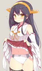 Rule 34 | 10s, 1girl, animal print, black hair, blush, boots, clothes lift, detached sleeves, hair ornament, hairband, hairclip, haruna (kancolle), japanese clothes, kantai collection, long hair, nontraditional miko, panties, skirt, skirt lift, solo, striped clothes, striped panties, thigh boots, thighhighs, underwear, watanon (gakushokutei), zebra print