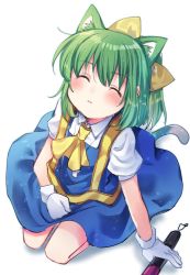 Rule 34 | 1girl, animal ears, ascot, blouse, blue dress, blush, bow, cat ears, cat tail, closed eyes, commentary, cookie (touhou), daiyousei, diyusi (cookie), dress, full body, gloves, green hair, hair bow, high-visibility vest, kemonomimi mode, looking at viewer, medium hair, open mouth, pinafore dress, ponytail, puffy short sleeves, puffy sleeves, shirt, short sleeves, simple background, sitting, sleeveless dress, solo, symbol-only commentary, tail, touhou, traffic baton, white background, white gloves, white shirt, xox xxxxxx, yellow ascot, yellow bow