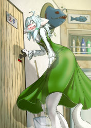 Rule 34 | 1girl, absurdres, ahoge, animal ear fluff, animal ears, animal nose, bathroom, belt, between legs, blue hair, blurry, blurry background, blush, body fur, bottle, breath, bucket, cat ears, cat girl, cat tail, door, dress, embarrassed, fangs, female focus, flat chest, furry, furry female, green dress, green eyes, hair ribbon, hand between legs, hand up, have to pee, highres, indoors, long hair, long sleeves, looking back, looking down, matatabi shimono, nose blush, open mouth, original, pee, peeing, peeing self, ribbon, shirt, sidelocks, sleeveless, sleeveless dress, solo, standing, tail, tears, tress ribbon, wavy eyes, wavy mouth, wet, wet clothes, white fur, white shirt