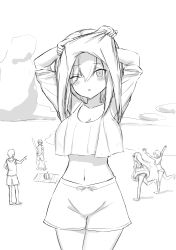 Rule 34 | 2boys, 3girls, ;o, absurdres, ahoge, arms up, ars almal, bare arms, bare legs, bare shoulders, barefoot, beach, bikini, blindfold, blush, breasts, cleavage, collared shirt, day, demon horns, ex albio, eyes visible through hair, food, fruit, greyscale, hair over one eye, hand on own hip, hayama marin, highres, holding, holding weapon, horns, innertube, kuzuha (nijisanji), long hair, looking at viewer, medium breasts, monochrome, multiple boys, multiple girls, navel, nijisanji, one eye closed, open clothes, open shirt, outdoors, parted lips, pointing, pointy ears, shirt, short shorts, short sleeves, shorts, sketch, soles, standing, suikawari, swim ring, swimsuit, sword, two side up, undressing, very long hair, virtual youtuber, water, watermelon, weapon, wooden sword, yotsugi, yuzuki roa
