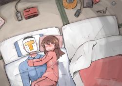 Rule 34 | 10s, 1boy, 1girl, admiral (kancolle), alarm clock, blanket, blush, cellphone, charger, clock, commentary request, condom, cuddling, enjaku izuku, from above, futon, glasses, highres, kantai collection, phone, pillow, ryuujou (kancolle), smartphone, sweat, transparent, x-ray