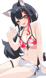 Rule 34 | 1girl, :d, animal ear fluff, animal ears, bad id, bad twitter id, bare arms, bare shoulders, bikini, bikini under clothes, black hair, breasts, cleavage, collarbone, floral print, front-tie bikini top, front-tie top, hair ornament, halterneck, highres, hololive, long hair, looking at viewer, medium breasts, multicolored hair, navel, nishino eri, ookami mio, ookami mio (hololive summer 2019), open mouth, orange eyes, short shorts, shorts, side-tie bikini bottom, simple background, sitting, smile, solo, stomach, streaked hair, string bikini, swimsuit, tail, thigh strap, thighs, virtual youtuber, white background, white shorts, wolf ears, wolf girl, wolf tail