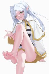 1girl absurdres aone_715 bare_legs barefoot crossed_legs elf feet foot_focus frieren green_eyes grey_hair grin highres long_hair looking_at_viewer open_mouth pointy_ears presenting_foot simple_background smile soles solo sousou_no_frieren toes twintails white_background white_hair