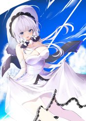 Rule 34 | 1girl, absurdres, azur lane, bare shoulders, blue eyes, blue gemstone, blue sky, breasts, cleavage, cloud, detached collar, dress, elbow gloves, from below, gem, gloves, hair ribbon, hat, highres, hoerutarou, illustrious (azur lane), lace, lace-trimmed dress, lace-trimmed headwear, lace trim, large breasts, leaning forward, long hair, looking at viewer, ribbon, skirt hold, sky, sleeveless, sleeveless dress, solo, strapless, strapless dress, sun hat, tress ribbon, tri tails, very long hair, white dress, white gloves, white hair, white hat, white legwear