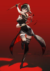 Rule 34 | 1girl, absurdres, black dress, black footwear, black gloves, black hair, blood, blood splatter, boots, dress, dual persona, fingerless gloves, floating hair, flower, full body, gloves, hair between eyes, hair flower, hair ornament, hairband, highres, holding, holding weapon, long hair, looking at viewer, parted lips, red background, red eyes, short dress, sleepless (wrysmile), sleeveless, sleeveless dress, solo, spy x family, standing, standing on one leg, thigh boots, thighhighs, waist cape, weapon, yellow flower, yellow hairband, yor briar, zettai ryouiki