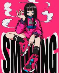Rule 34 | 1girl, black hair, black shorts, black socks, blue eyes, blunt bangs, cigarette, cloud, commentary, english commentary, english text, full body, hand up, highres, holding, holding cigarette, jacket, jitome, long hair, long sleeves, looking at viewer, nao97122, open mouth, original, pink background, pink footwear, pink jacket, pink theme, revision, ribbed socks, shoes, shorts, simple background, sitting, smoke, smoking, sneakers, socks, solo, straight hair, streetwear, triple vertical stripe, zipper pull tab