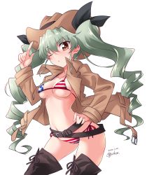 Rule 34 | 1girl, american flag bikini, american flag print, anchovy (girls und panzer), arms behind back, artist request, bikini, black ribbon, black thighhighs, breasts, curvy, dated, drill hair, flag print, girls und panzer, green hair, hair ribbon, hat, highres, long hair, looking at viewer, medium breasts, one eye closed, print bikini, red eyes, ribbon, shiny skin, side-tie bikini bottom, simple background, smile, solo, swimsuit, thighhighs, twin drills, twintails, white background, wink