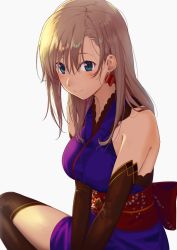 Rule 34 | 1girl, blue eyes, earrings, fate/grand order, fate (series), hair down, japanese clothes, jewelry, miyamoto musashi (fate), miyamoto musashi (first ascension) (fate), obi, poligon (046), sash, simple background, sitting, solo, thighhighs, white background