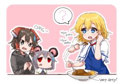 Rule 34 | 3girls, ?, alice margatroid, animal ears, black eyes, black hoodie, black shirt, blonde hair, blue dress, blue eyes, blush, border, bow, brown hair, capelet, commentary request, cookie (touhou), curry, curry rice, dress, eating, english text, food, frilled bow, frills, gnzy, grey dress, hair between eyes, hair bow, hair tubes, hakurei reimu, holding, holding spoon, hood, hoodie, jewelry, kofji (cookie), long sleeves, looking at another, maru (cookie), mouse ears, multiple girls, nazrin, necklace, open mouth, pink background, red bow, red eyes, rice, shirt, short hair, short sleeves, spoken question mark, spoon, sweatdrop, teeth, touhou, upper body, upper teeth only, web (cookie), white border, white capelet