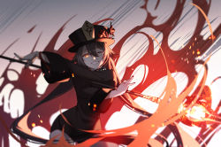 Rule 34 | 1girl, black hair, chinese clothes, eyebrows hidden by hair, fire, genshin impact, hair between eyes, hat, highres, holding, holding polearm, holding weapon, hu tao (genshin impact), jewelry, lance, long hair, looking at viewer, nail polish, one eye closed, polearm, red eyes, ring, smile, solo, weapon, xion32