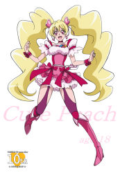 Rule 34 | 00s, 1girl, :d, anniversary, arudebido, blonde hair, boots, bow, character name, choker, copyright name, cure peach, earrings, fresh precure!, full body, hair ornament, heart, heart hair ornament, jewelry, knee boots, long hair, magical girl, momozono love, aged up, open mouth, pink bow, pink eyes, pink footwear, pink skirt, precure, purple thighhighs, ribbon, skirt, smile, solo, thigh strap, thighhighs, thighhighs under boots, twintails, white background, wrist cuffs