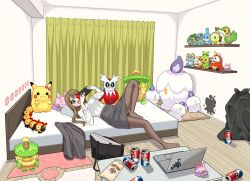 1girl absurdres bedroom black_pantyhose blue_eyes briefcase brown_hair bulbasaur can creatures_(company) curtains drink_can falinks froakie fuecoco game_freak gen_1_pokemon gen_2_pokemon gen_3_pokemon gen_4_pokemon gen_5_pokemon gen_6_pokemon gen_7_pokemon gen_8_pokemon goomy grey_jacket grey_skirt grookey heracross highres indoors iron_bundle jacket knee_up legendary_pokemon litwick ludicolo lying marshadow medium_hair momeox2 mudkip mythical_pokemon nintendo nintendo_switch office_lady on_back on_bed open_mouth original pantyhose pencil_skirt pikachu playing_games pokemon rowlet shirt skirt smile snack snivy soda soda_can solo stuffed_animal stuffed_toy totodile trash_bag turtwig unworn_jacket v-shaped_eyebrows white_shirt wooden_floor