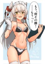 Rule 34 | 1girl, alternate costume, amatsukaze (kancolle), apron, artist logo, bikini, black bikini, blue background, border, breasts, brown eyes, clipboard, commentary request, enmaided, frilled apron, frills, gloves, grey hair, groin, hair tubes, highres, kantai collection, maid, maid bikini, maid headdress, mochizou, nib pen (medium), single glove, small breasts, solo, swimsuit, thighhighs, traditional media, translation request, twitter username, two-tone background, two side up, unconventional maid, upper body, white border, white gloves, white hair, white thighhighs