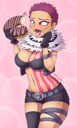 Rule 34 | 1girl, absurdres, black gloves, black thighhighs, bra, bracelet, breasts, bubble background, charlotte katakuri, cleavage, doughnut, eating, food, fur trim, genderswap, genderswap (mtf), glitchynpc, gloves, heart, highres, holding, holding food, jewelry, large breasts, matching hair/eyes, midriff, navel, one piece, open mouth, pink background, purple eyes, purple hair, scarf, sharp teeth, short hair, shorts, single thighhigh, solo, spiked bracelet, spikes, tattoo, teeth, thighhighs, tongue, tongue out, underwear, upper teeth only