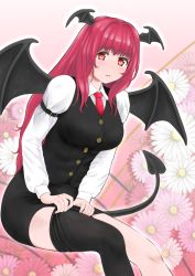 Rule 34 | 1girl, arm belt, black pantyhose, black skirt, black vest, blush, bosutonii, breasts, clothes pull, commentary request, daisy, demon tail, demon wings, floral background, flower, gradient background, head wings, highres, koakuma, large breasts, leaning forward, light blush, lips, long hair, long sleeves, looking at viewer, miniskirt, pantyhose, pantyhose pull, parted lips, pink background, red eyes, red hair, shirt, sitting, skirt, solo, tail, touhou, very long hair, vest, waistcoat, white shirt, wings