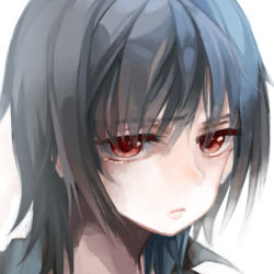 Rule 34 | 1girl, annoyed, bad id, bad pixiv id, black hair, close-up, expressionless, looking at viewer, original, portrait, red eyes, short hair, simple background, solo, toki (241759), white background